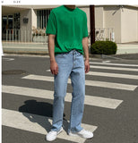 Semi-Wide Unbalanced Slit Denim Pants