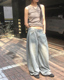 Minta Washing Side Pin Tuck Wide Denim Pants