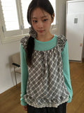 Vinca Check Shirring Sleeveless Bustier Blouse