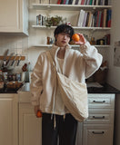 Balloon fit ribbed fleece zip-up