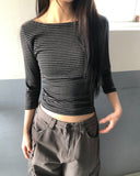 Velko Boat Neck Stripe Side Shirring Three Quarter T-shirt