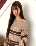Nia Stripe Off-Shoulder Overfit Long Sleeve Knit