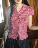 Trin Check Shirring Puff Blouse