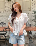 Collie Tulip-Sleeve Pintuck String Blouse