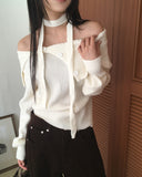 Hanel button off-shoulder muffler knit