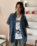 Ruff unbalanced pocket denim short sleeve shirt