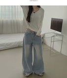 4-season casual washed loose wide denim pants