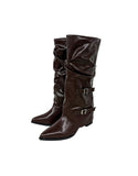 Double Buckle Shirred Stiletto Long Boots