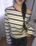 Giron Stripe One Off Shoulder Unbalance T-Shirt