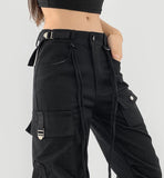 Waist Strap Low Waist Pocket Shirring Pin Tuck Wide Bootcut Pants