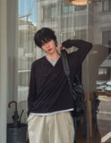 Top two-tone layered henley neck long-sleeved T-shirt