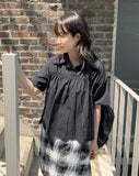 Ryuke nylon shirring collar short sleeve blouse