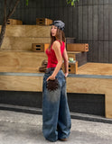 Late Back Leather Pocket Denim Pants