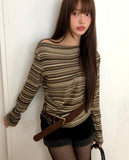 [Belt SET] Bomin Off-Shoulder Shirring Stripe Long Sleeve T-Shirt