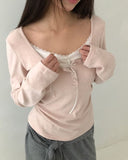 Dew Lace Loose Fit Button Shirring Long Sleeve T-Shirt