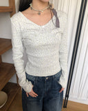 Rome Flower Ribbon V-Neck Long Sleeve T-Shirt