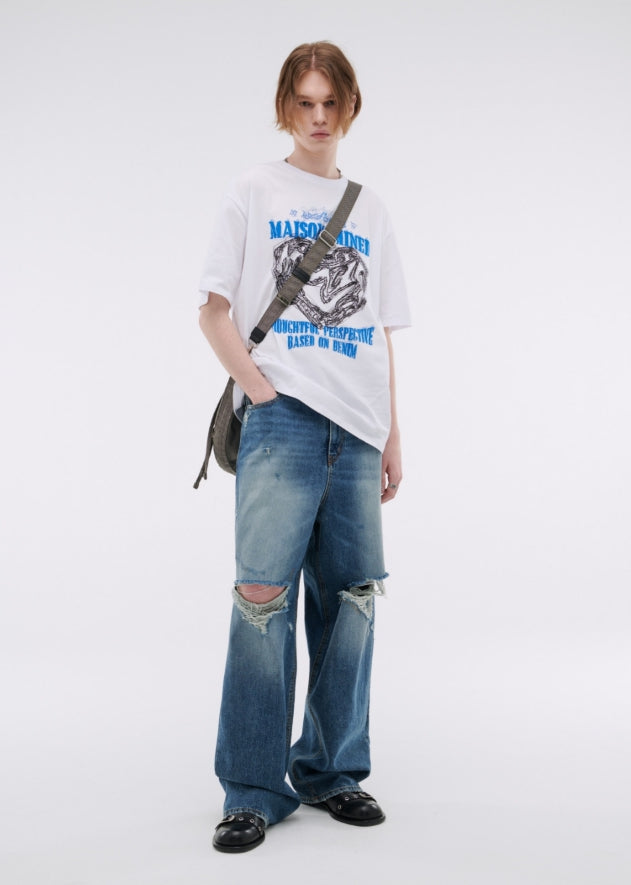 シャツ DOODLE HEART HALF T WHITE SKY MAISON MINED(メゾンミネド) - ドゥードルハート半袖Tシャツ