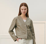 Lambskin V Neck Cropped Jacket Gray