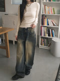 Cama Yellow Washing Vintage Long Wide Denim Pants