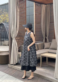 [Strap set] Gloss Floral Color Matching Sleeveless Long One Piece