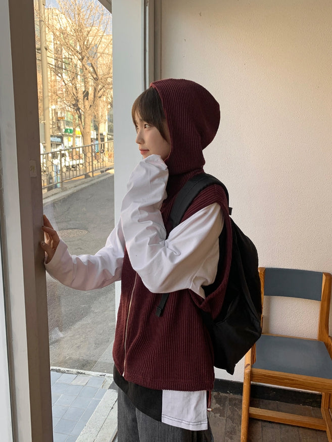 【BAON】[unisex] Kuomi Over String Hood Knit Vest BAON (バオン) - [男女兼用]クオミオーバーストリングフード