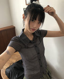 Noel Seersucker V-Neck Check Short-Sleeve Shirt