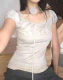 [Tie set] Hadel Corsage Layered Rib Shirring Puff T-shirt