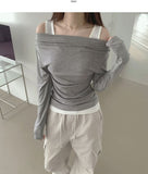 Drape Off-Shoulder Knit Layered Fake Layered T-shirt