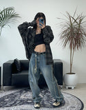 Raed cutting track denim pants