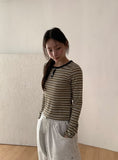 Mibat Stripe Henley Neck Long Sleeve Tee