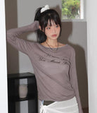Onte see-through lettering boat neck off shoulder long-sleeve T-shirt