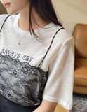 Churing Lace Bustier Lettering Short Sleeve Knit