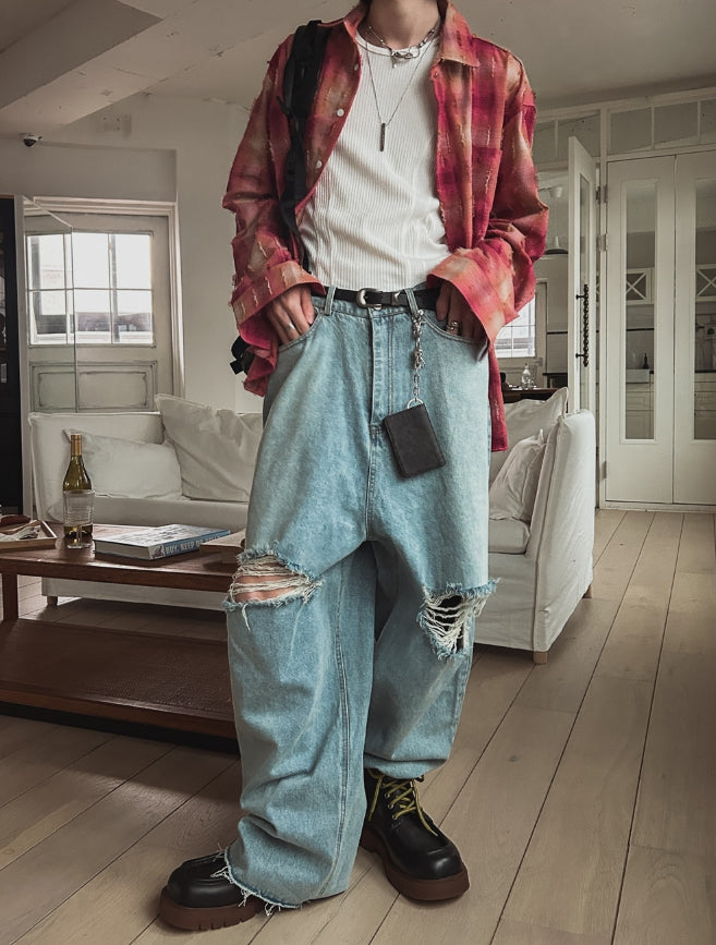 【2plan】Hippo Damage Wide Baggy Denim 2plan (ツープラン) - ヒポダメージワイドバギーデニムパンツ