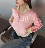 Tokyo Lettering High Neck Color Matching Pink Crop Jersey