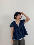 Cheatero Denim Layered Short Sleeve Blouse
