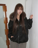 [Brushed Lining] Rahin printing over fur hood zip-up