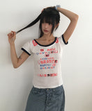 Fleet Off-Shoulder Lettering Print Ringer Color Matching Short Sleeve T-Shirt