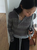 Near angora fur color matching stripe two-way diagonal zipper long sleeve knit