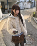 Hoa color matching hooded zip-up fur jacket