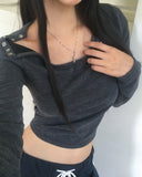 Fumo Snap Button Ribbed One-Off Shoulder Long Sleeve T-Shirt