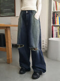 Tiso damage Mufa back banding washing denim long wide pants