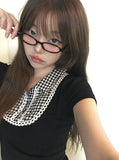 Nehru Vintage Check Collar Short Sleeve Blouse
