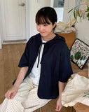 Ruike Linen Ribbon Hood Short Sleeve Cardigan - Linen 55