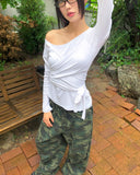 Evin Ribbon Unbalanced Layered One-Off Shoulder Long Sleeve T-Shirt