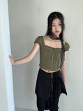Tabl Green Corset Two-Way Off-Shoulder Short-Sleeve Blouse