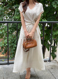 [Two-piece set] Lydia Belt Strap Linen Tee Blouse Banding Flare Skirt