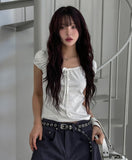 Dot Ribbon Shirring Puff Off-Shoulder Short Sleeve