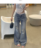 Catbrush Washing Ripped Jeans Semi-Bootcut Denim Pants