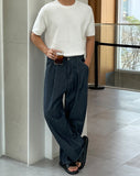 One-Tuck Linen Raw Edge Wide Denim Pants