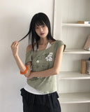 [Vintage/Fake Layered] Tepin Flower Lettering Print Color Matching Off-Shoulder Halter Neck Short Sleeve T-Shirt